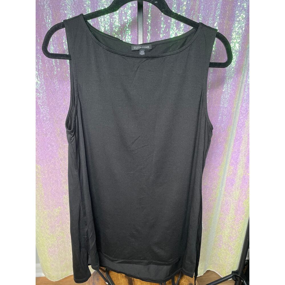 Eileen Fisher Womens Tank Top Small Black Boat Neck Solid Minimalist Step Hem - Picture 2 of 5